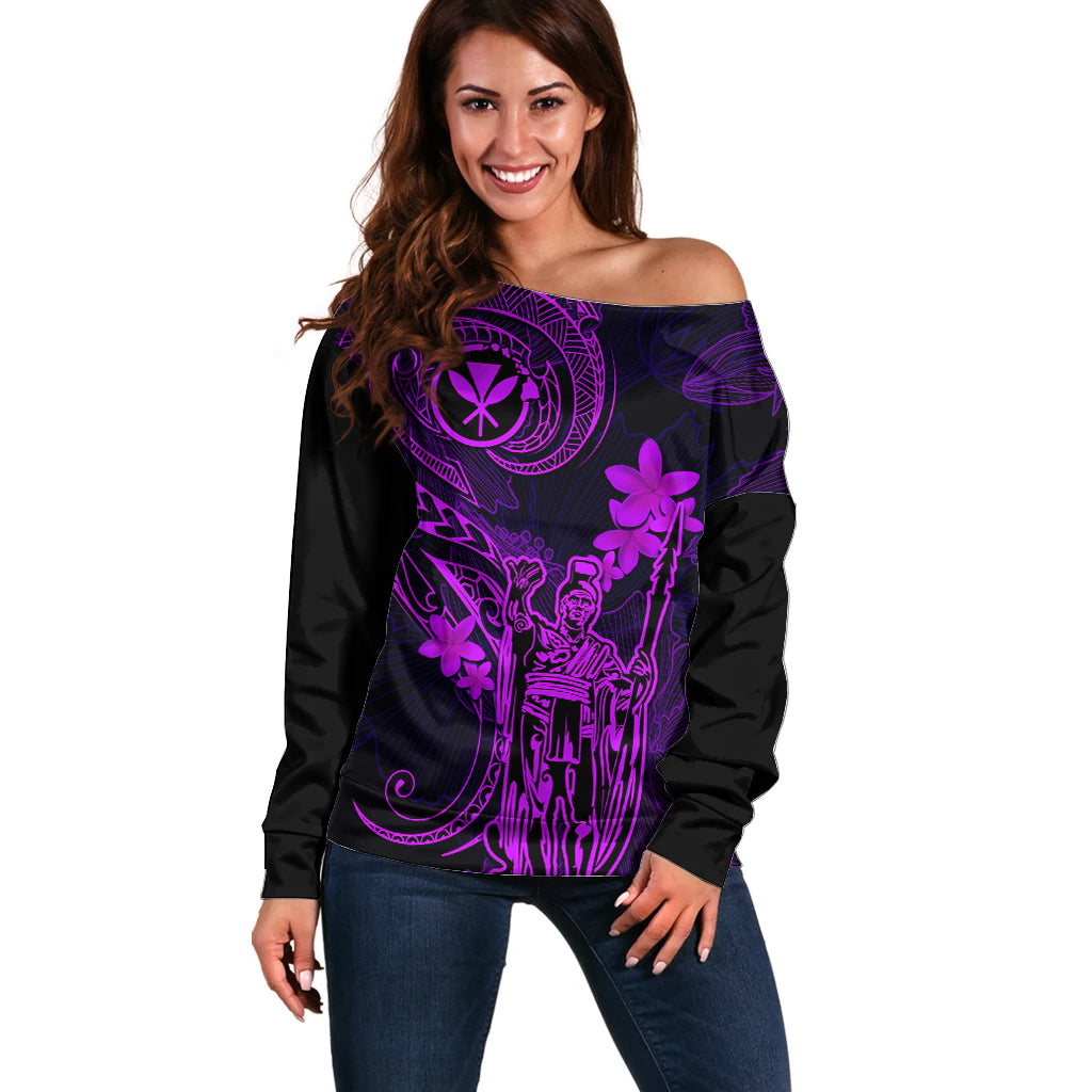 Hawaii Off Shoulder Sweater King Kamehameha Mix Polynesian Plumeria Purple Version - Wonder Print Shop