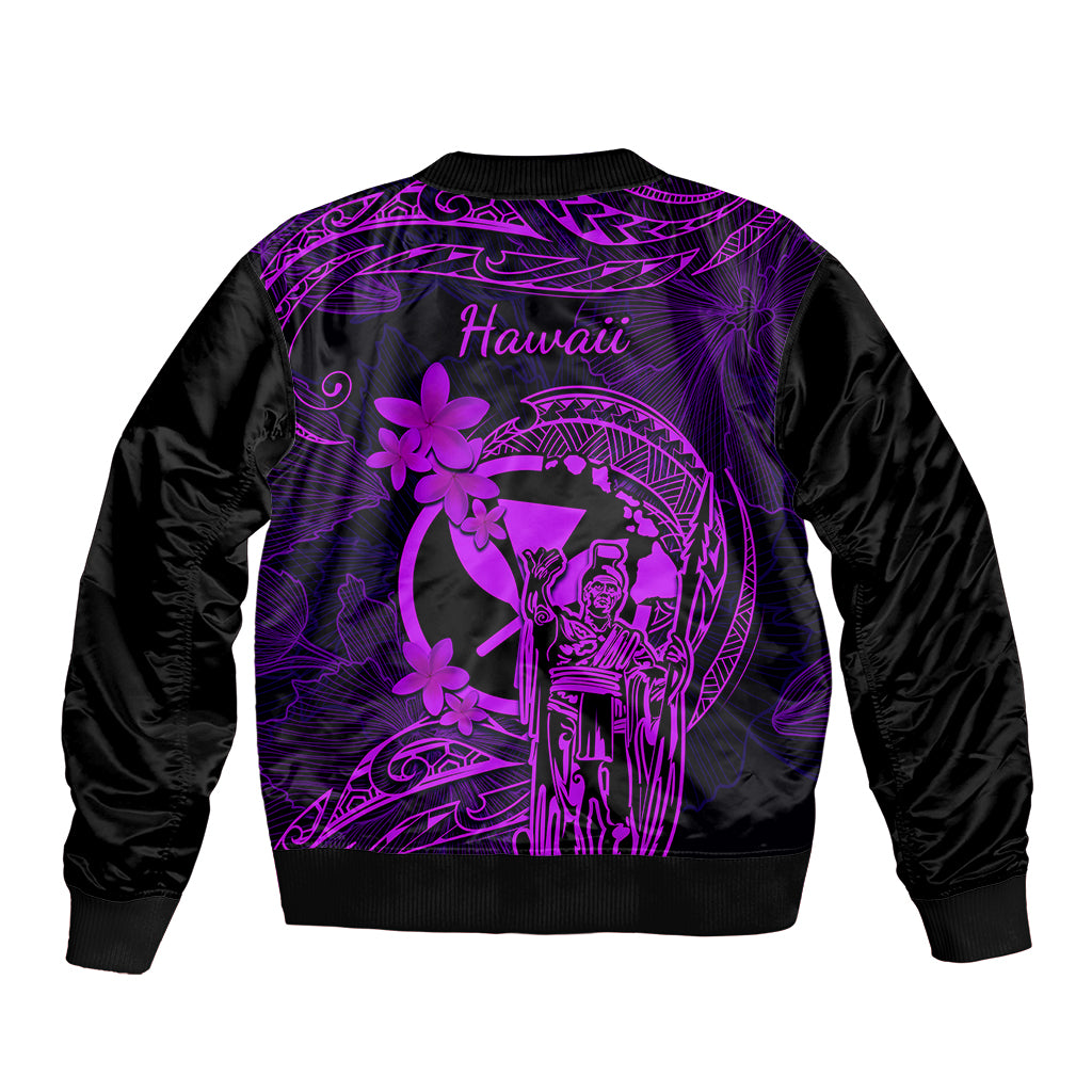 Hawaii Sleeve Zip Bomber Jacket King Kamehameha Mix Polynesian Plumeria Purple Version - Wonder Print Shop