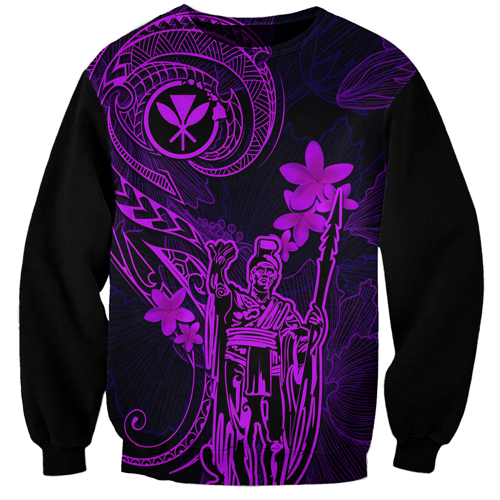 Hawaii Sweatshirt King Kamehameha Mix Polynesian Plumeria Purple Version - Wonder Print Shop