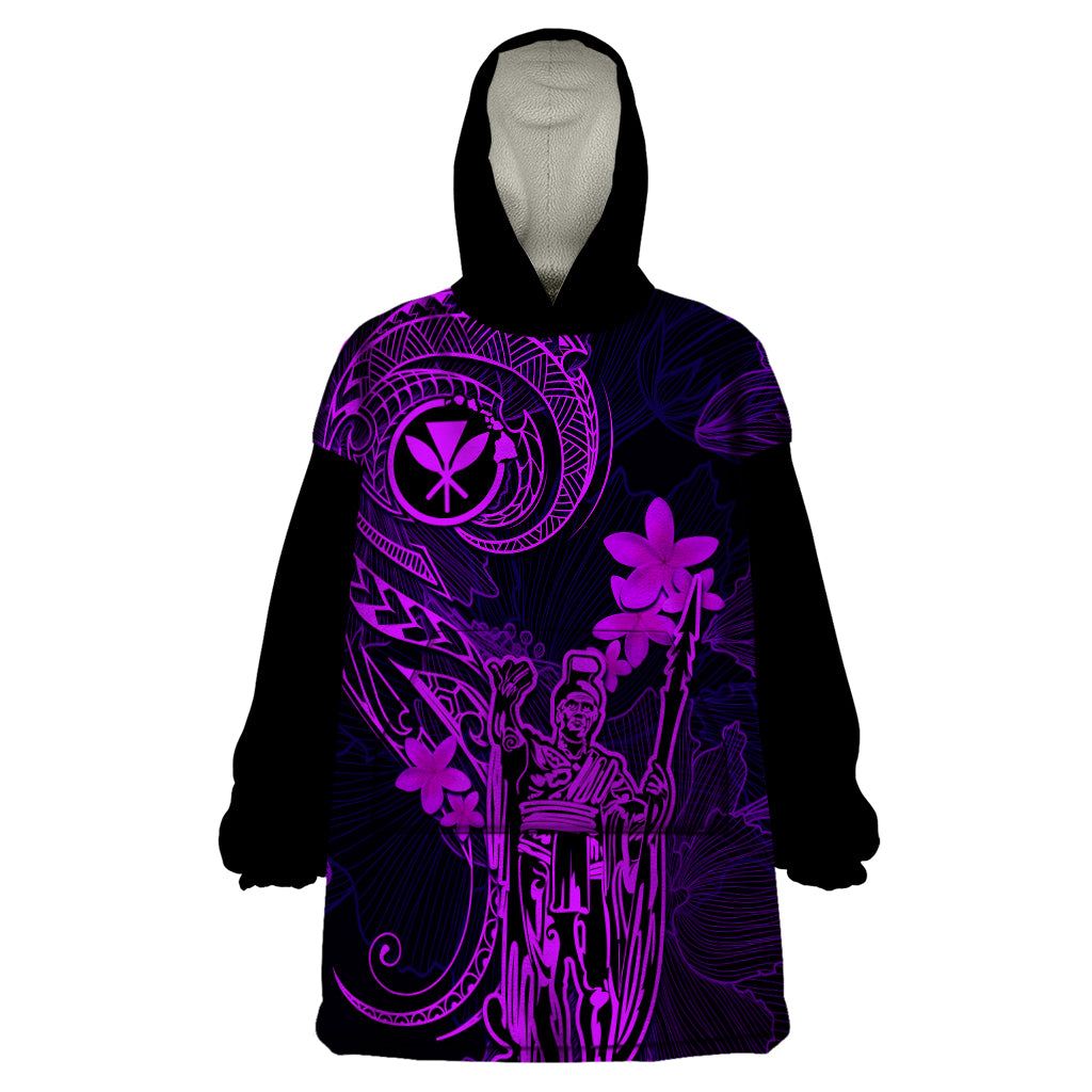 Hawaii Wearable Blanket Hoodie King Kamehameha Mix Polynesian Plumeria Purple Version - Wonder Print Shop