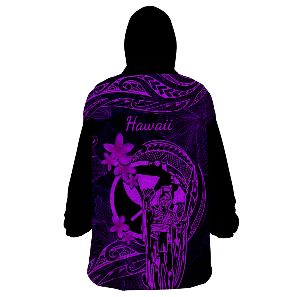 Hawaii Wearable Blanket Hoodie King Kamehameha Mix Polynesian Plumeria Purple Version - Wonder Print Shop