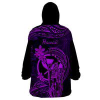 Hawaii Wearable Blanket Hoodie King Kamehameha Mix Polynesian Plumeria Purple Version - Wonder Print Shop