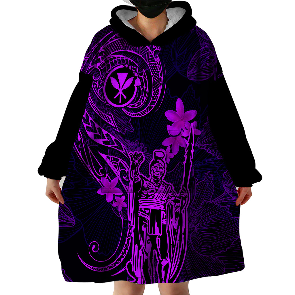 Hawaii Wearable Blanket Hoodie King Kamehameha Mix Polynesian Plumeria Purple Version - Wonder Print Shop