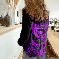 Hawaii Women Casual Shirt King Kamehameha Mix Polynesian Plumeria Purple Version - Wonder Print Shop