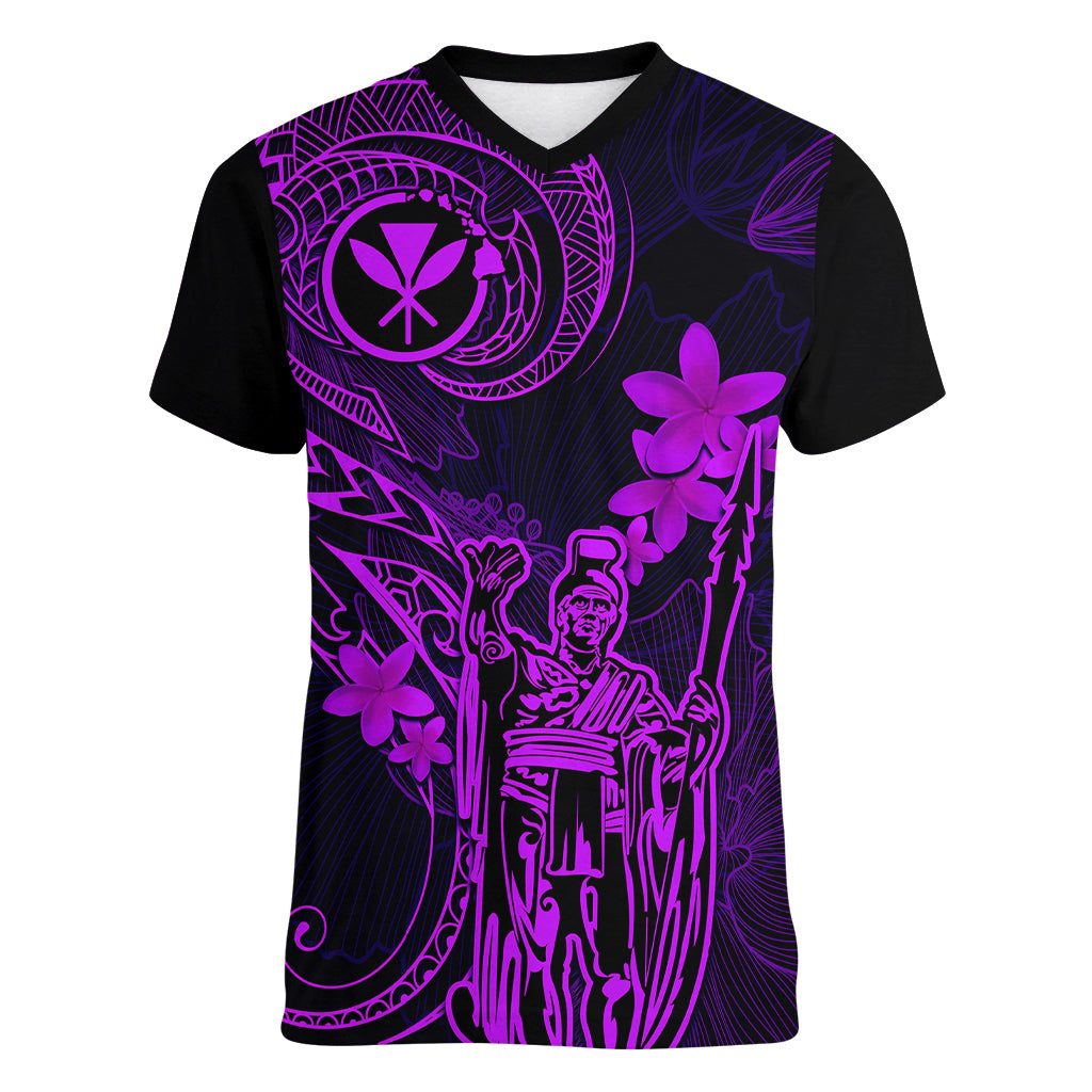 Hawaii Women V Neck T Shirt King Kamehameha Mix Polynesian Plumeria Purple Version - Wonder Print Shop