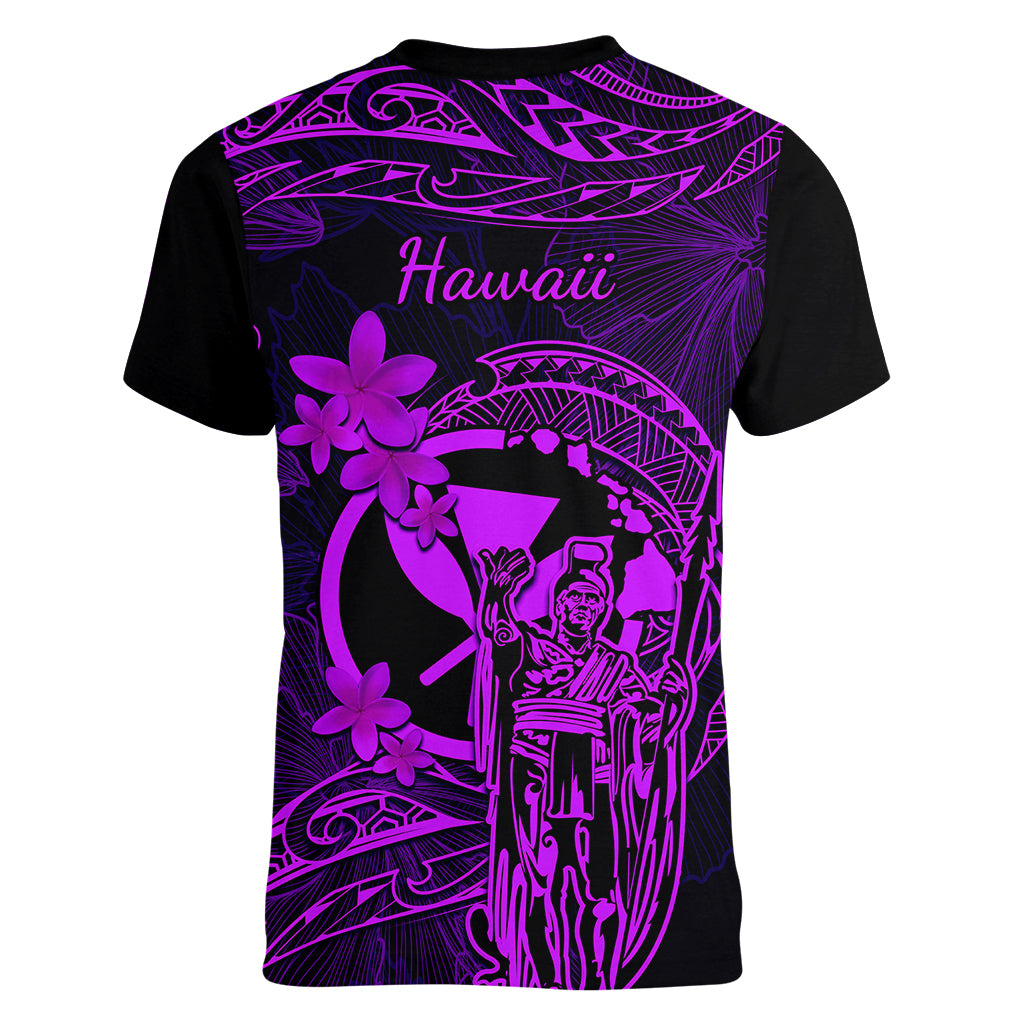 Hawaii Women V Neck T Shirt King Kamehameha Mix Polynesian Plumeria Purple Version - Wonder Print Shop