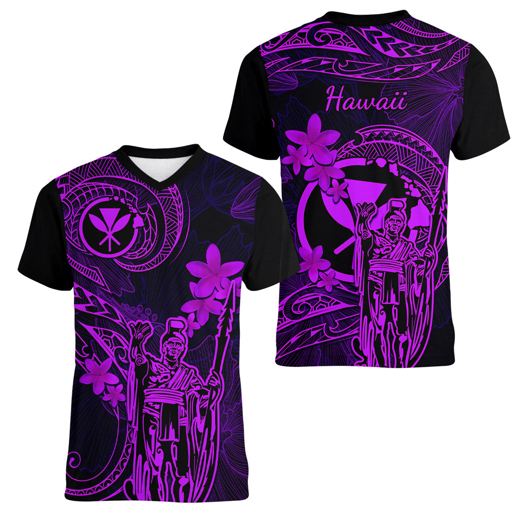 Hawaii Women V Neck T Shirt King Kamehameha Mix Polynesian Plumeria Purple Version - Wonder Print Shop