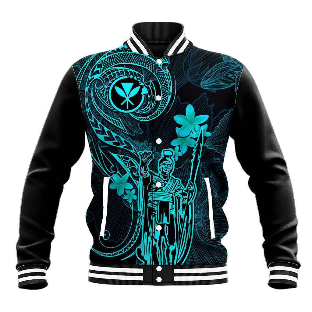 Hawaii Baseball Jacket King Kamehameha Mix Polynesian Plumeria Turquoise Version - Wonder Print Shop