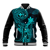 Hawaii Baseball Jacket King Kamehameha Mix Polynesian Plumeria Turquoise Version - Wonder Print Shop