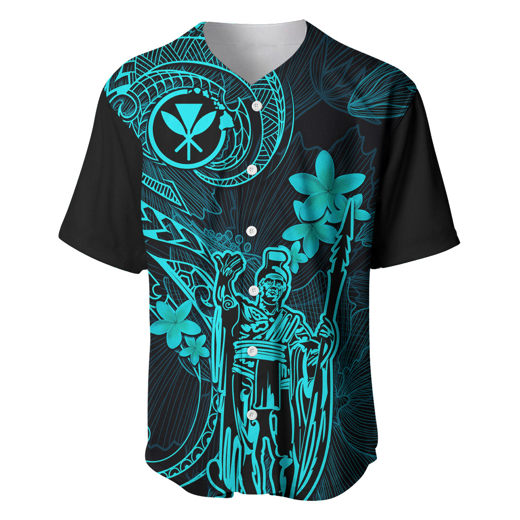 Hawaii Baseball Jersey King Kamehameha Mix Polynesian Plumeria Turquoise Version - Wonder Print Shop