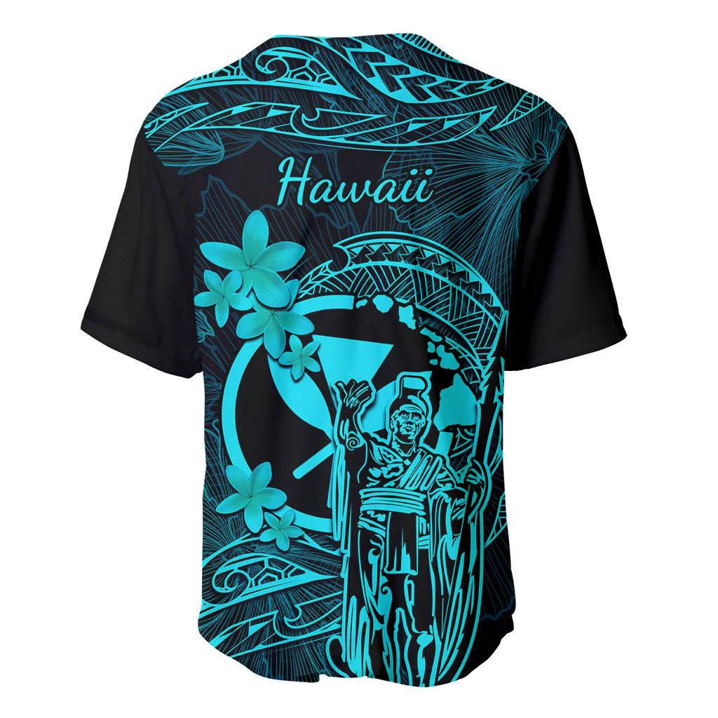 Hawaii Baseball Jersey King Kamehameha Mix Polynesian Plumeria Turquoise Version - Wonder Print Shop