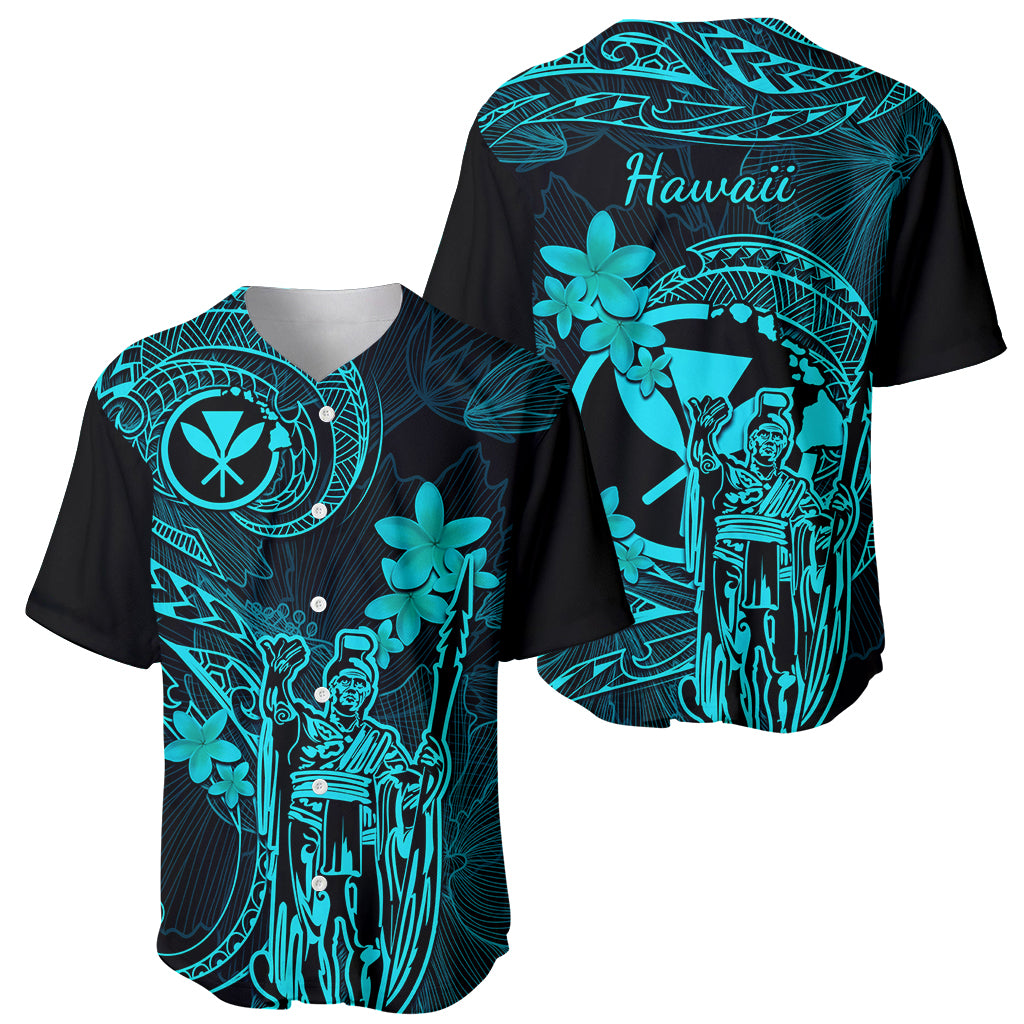 Hawaii Baseball Jersey King Kamehameha Mix Polynesian Plumeria Turquoise Version - Wonder Print Shop