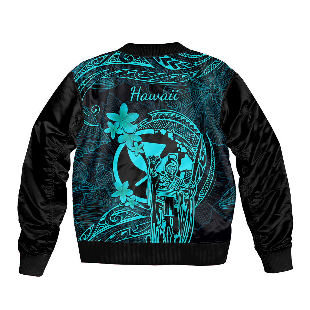 Hawaii Bomber Jacket King Kamehameha Mix Polynesian Plumeria Turquoise Version - Wonder Print Shop