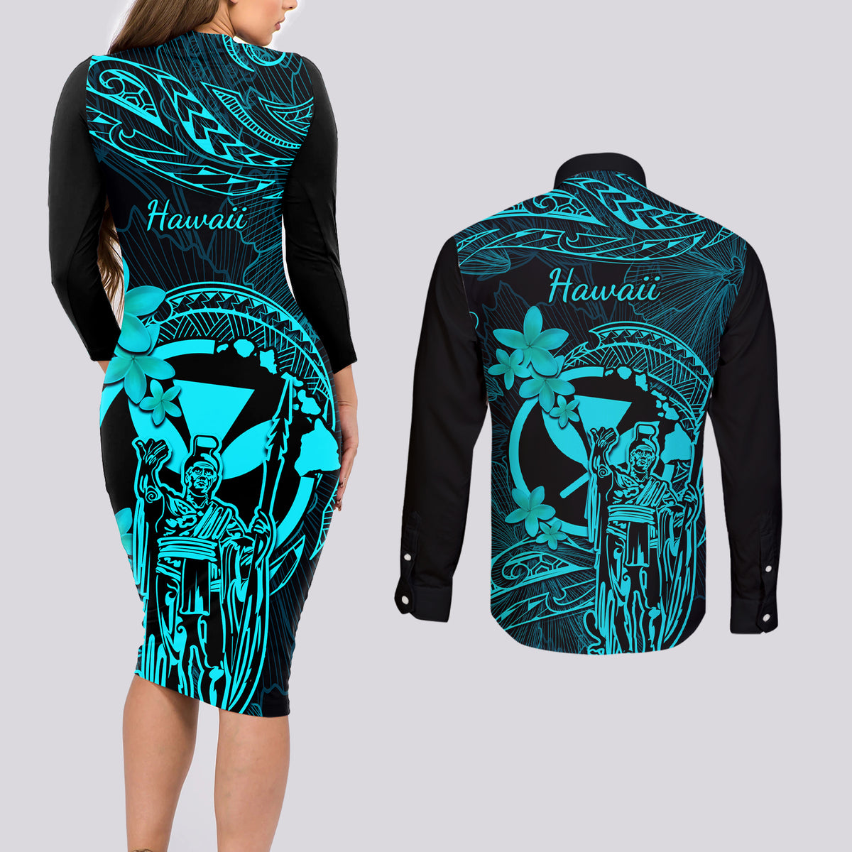 Hawaii Couples Matching Long Sleeve Bodycon Dress and Long Sleeve Button Shirts King Kamehameha Mix Polynesian Plumeria Turquoise Version - Wonder Print Shop