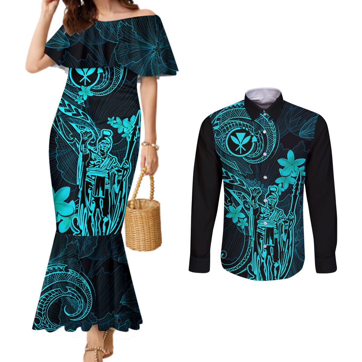 hawaii-couples-matching-mermaid-dress-and-long-sleeve-button-shirts-king-kamehameha-mix-polynesian-plumeria-turquoise-version