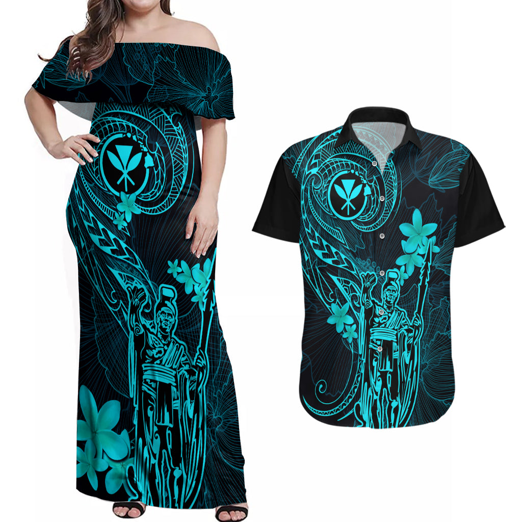 Hawaii Couples Matching Off Shoulder Maxi Dress and Hawaiian Shirt King Kamehameha Mix Polynesian Plumeria Turquoise Version - Wonder Print Shop