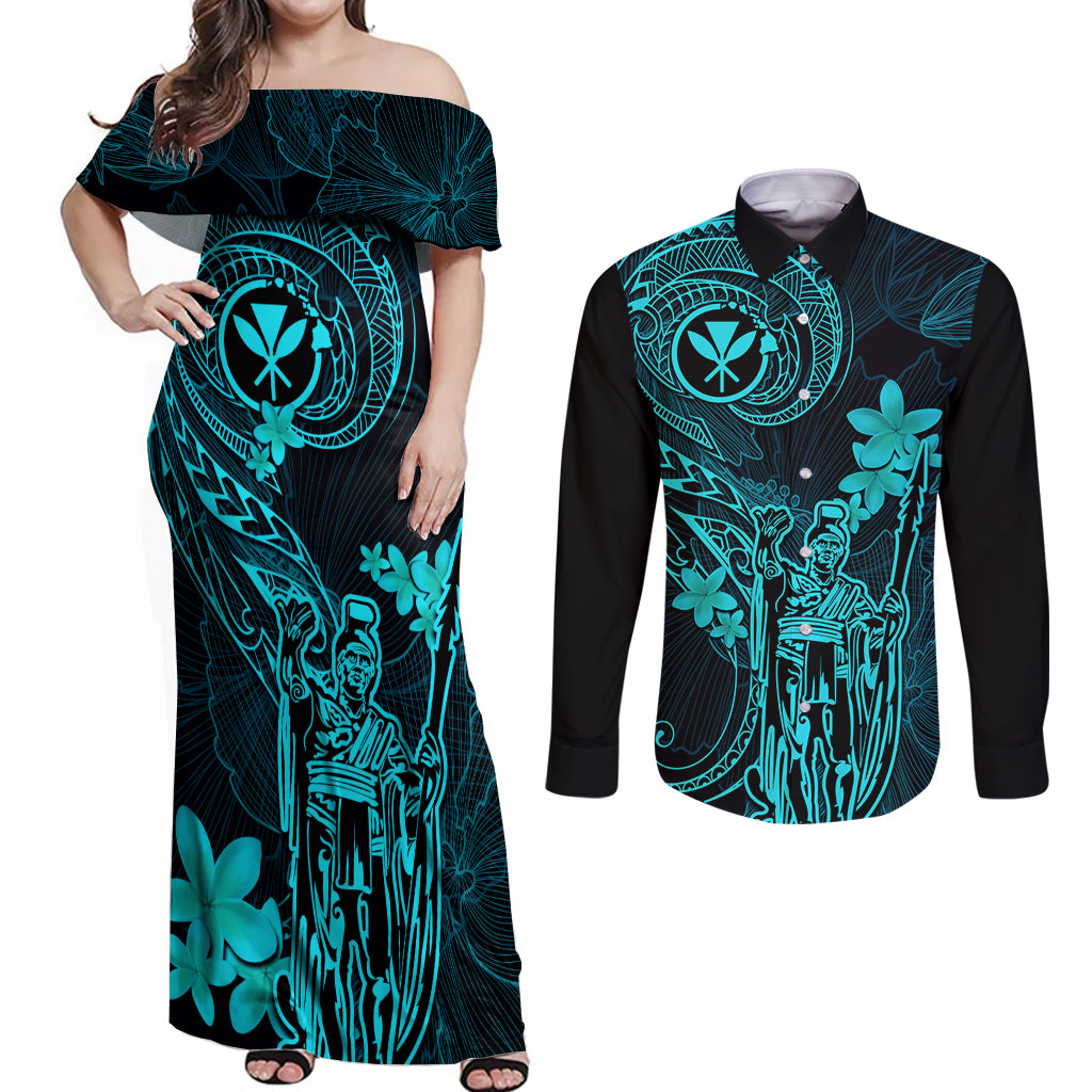 Hawaii Couples Matching Off Shoulder Maxi Dress and Long Sleeve Button Shirts King Kamehameha Mix Polynesian Plumeria Turquoise Version - Wonder Print Shop