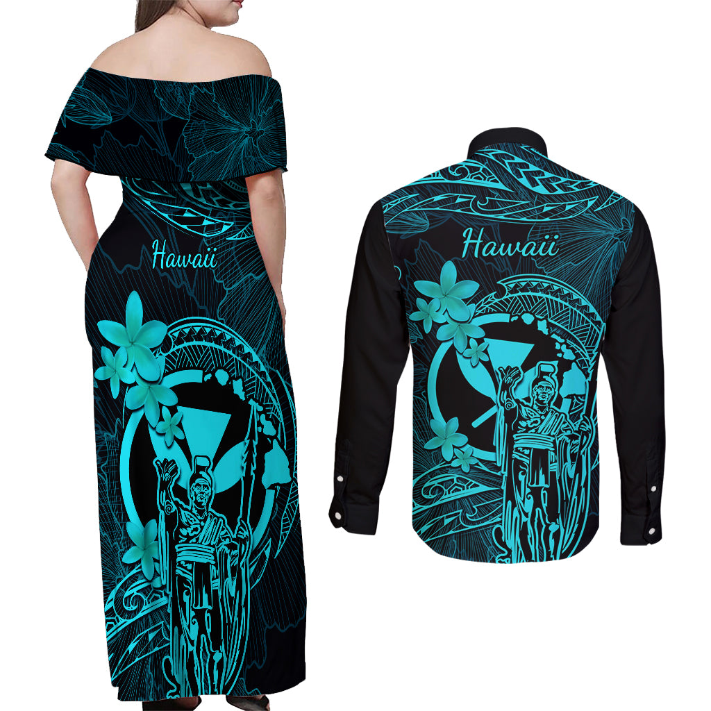 Hawaii Couples Matching Off Shoulder Maxi Dress and Long Sleeve Button Shirts King Kamehameha Mix Polynesian Plumeria Turquoise Version - Wonder Print Shop