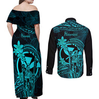 Hawaii Couples Matching Off Shoulder Maxi Dress and Long Sleeve Button Shirts King Kamehameha Mix Polynesian Plumeria Turquoise Version - Wonder Print Shop