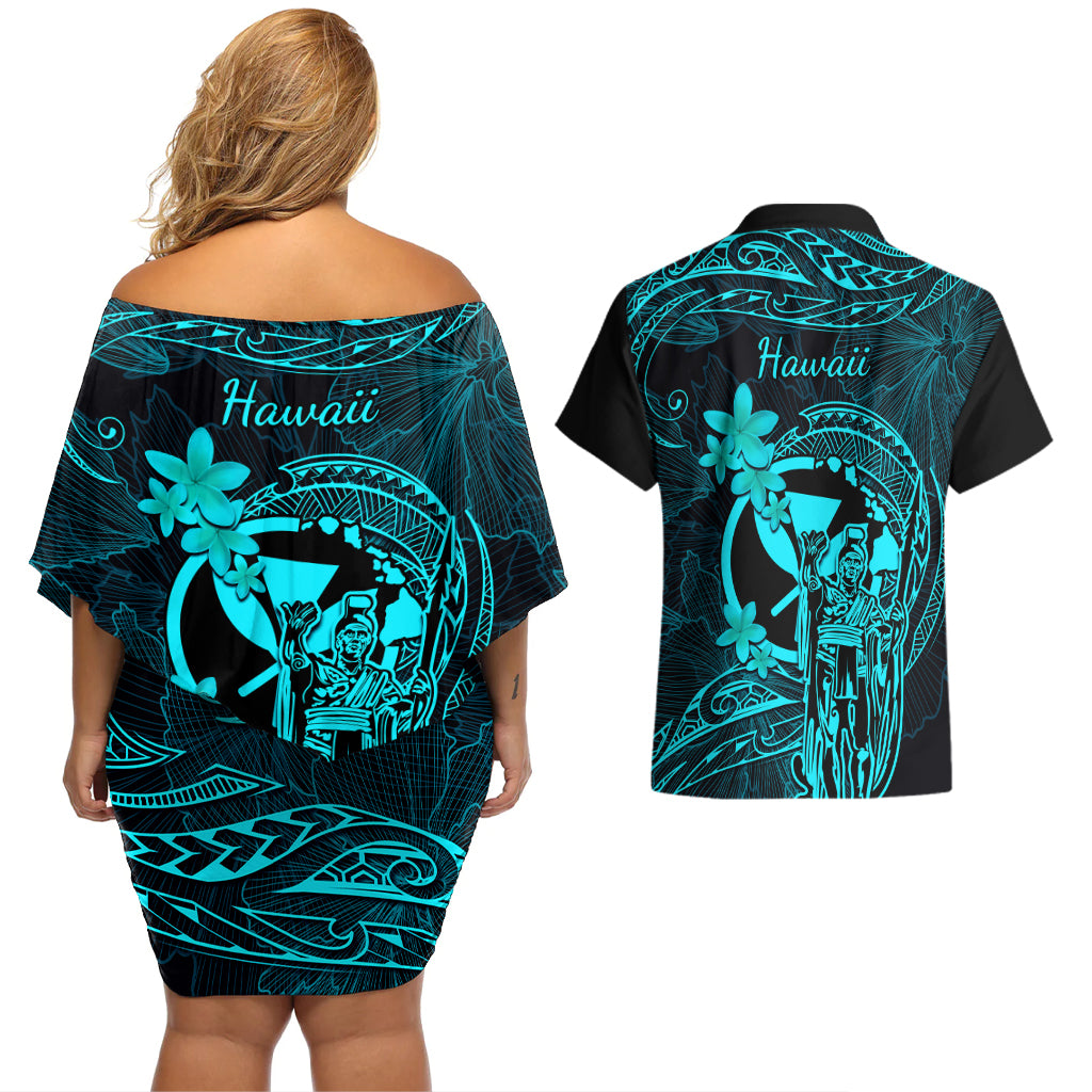 Hawaii Couples Matching Off Shoulder Short Dress and Hawaiian Shirt King Kamehameha Mix Polynesian Plumeria Turquoise Version - Wonder Print Shop