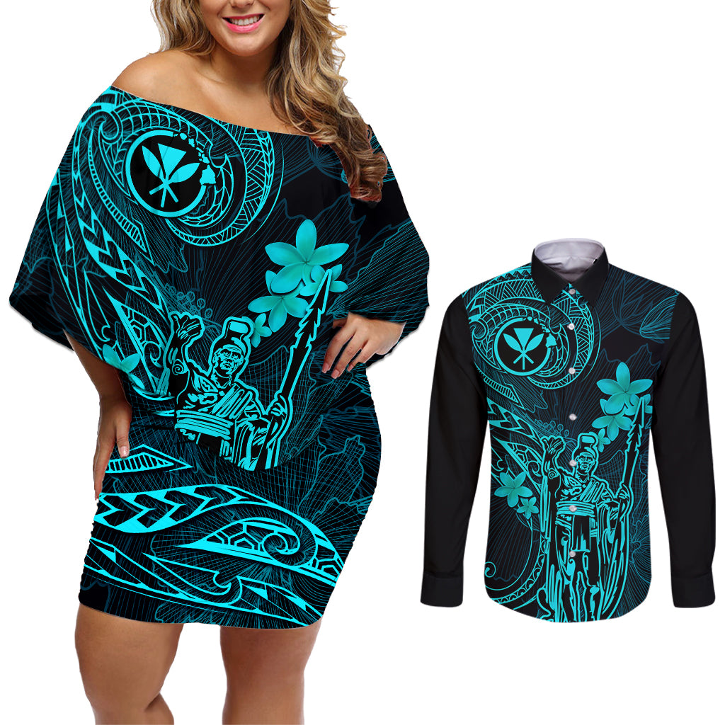 Hawaii Couples Matching Off Shoulder Short Dress and Long Sleeve Button Shirts King Kamehameha Mix Polynesian Plumeria Turquoise Version - Wonder Print Shop