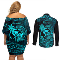 Hawaii Couples Matching Off Shoulder Short Dress and Long Sleeve Button Shirts King Kamehameha Mix Polynesian Plumeria Turquoise Version - Wonder Print Shop