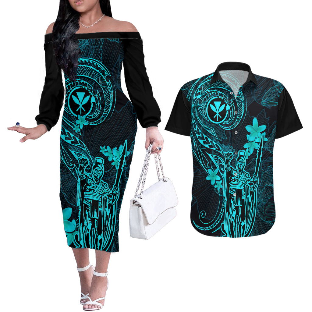 Hawaii Couples Matching Off The Shoulder Long Sleeve Dress and Hawaiian Shirt King Kamehameha Mix Polynesian Plumeria Turquoise Version - Wonder Print Shop