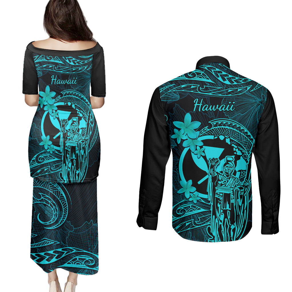 Hawaii Couples Matching Puletasi Dress and Long Sleeve Button Shirts King Kamehameha Mix Polynesian Plumeria Turquoise Version - Wonder Print Shop