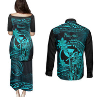 Hawaii Couples Matching Puletasi Dress and Long Sleeve Button Shirts King Kamehameha Mix Polynesian Plumeria Turquoise Version - Wonder Print Shop