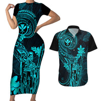 Hawaii Couples Matching Short Sleeve Bodycon Dress and Hawaiian Shirt King Kamehameha Mix Polynesian Plumeria Turquoise Version - Wonder Print Shop