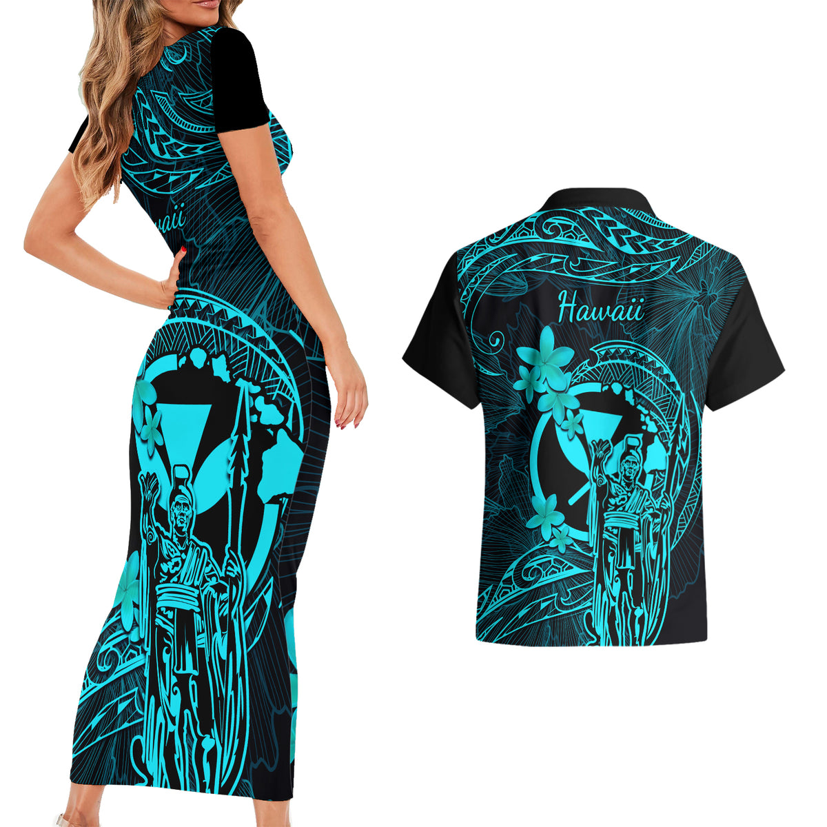 Hawaii Couples Matching Short Sleeve Bodycon Dress and Hawaiian Shirt King Kamehameha Mix Polynesian Plumeria Turquoise Version - Wonder Print Shop