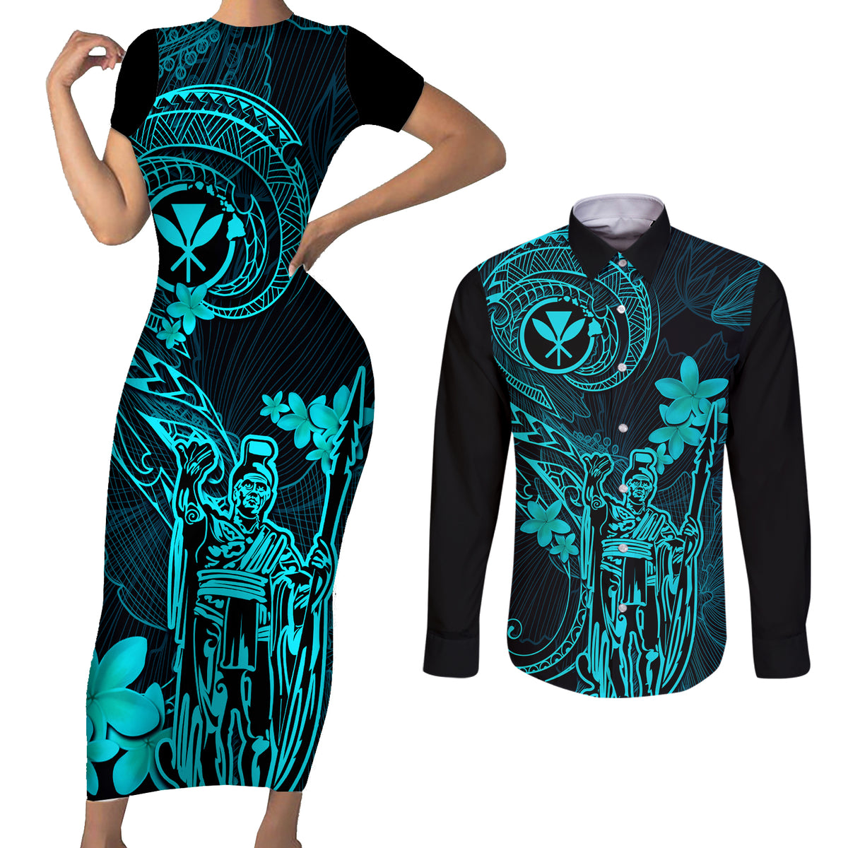 Hawaii Couples Matching Short Sleeve Bodycon Dress and Long Sleeve Button Shirts King Kamehameha Mix Polynesian Plumeria Turquoise Version - Wonder Print Shop