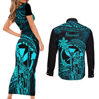 Hawaii Couples Matching Short Sleeve Bodycon Dress and Long Sleeve Button Shirts King Kamehameha Mix Polynesian Plumeria Turquoise Version - Wonder Print Shop