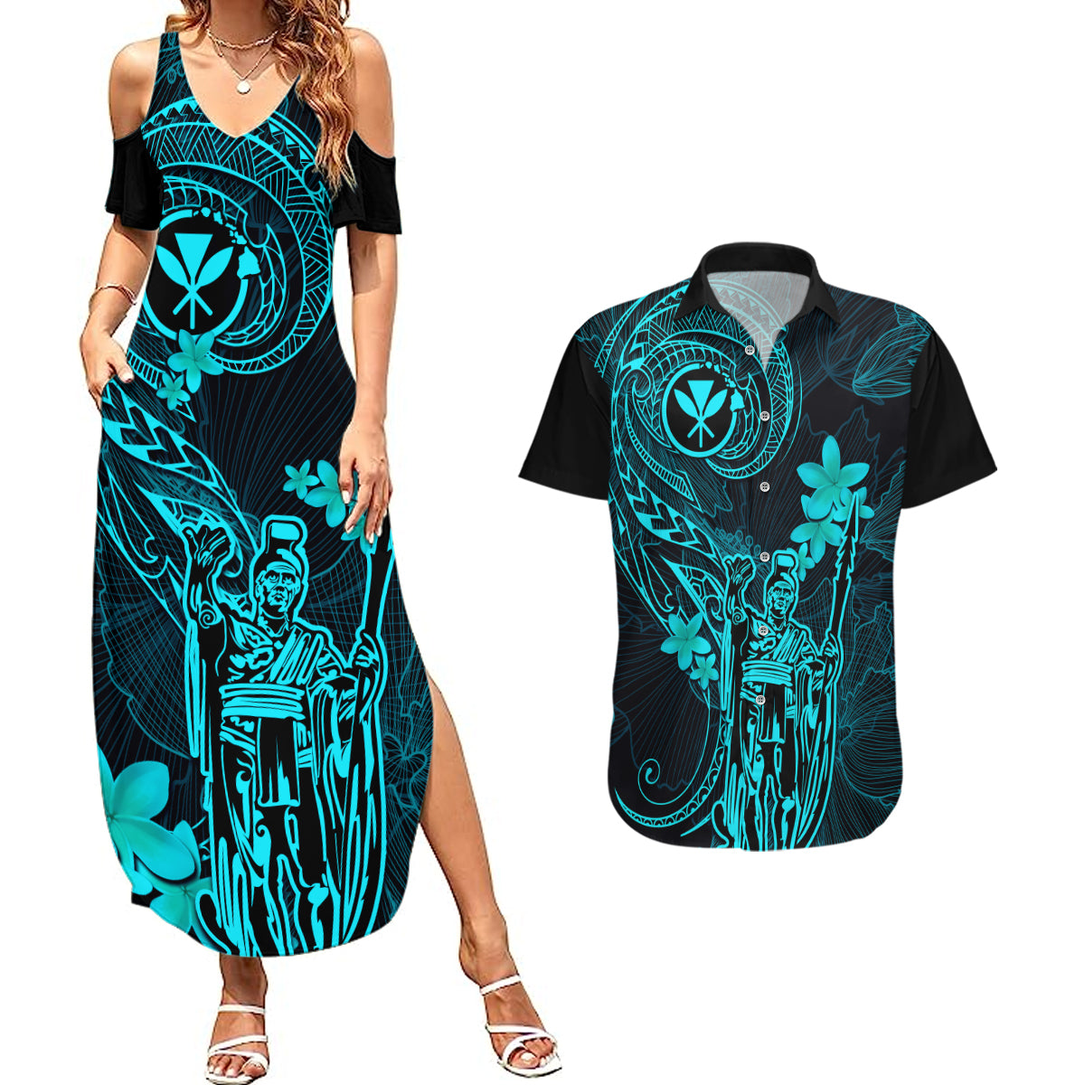 Hawaii Couples Matching Summer Maxi Dress and Hawaiian Shirt King Kamehameha Mix Polynesian Plumeria Turquoise Version - Wonder Print Shop