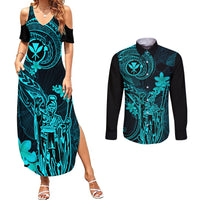 Hawaii Couples Matching Summer Maxi Dress and Long Sleeve Button Shirts King Kamehameha Mix Polynesian Plumeria Turquoise Version - Wonder Print Shop