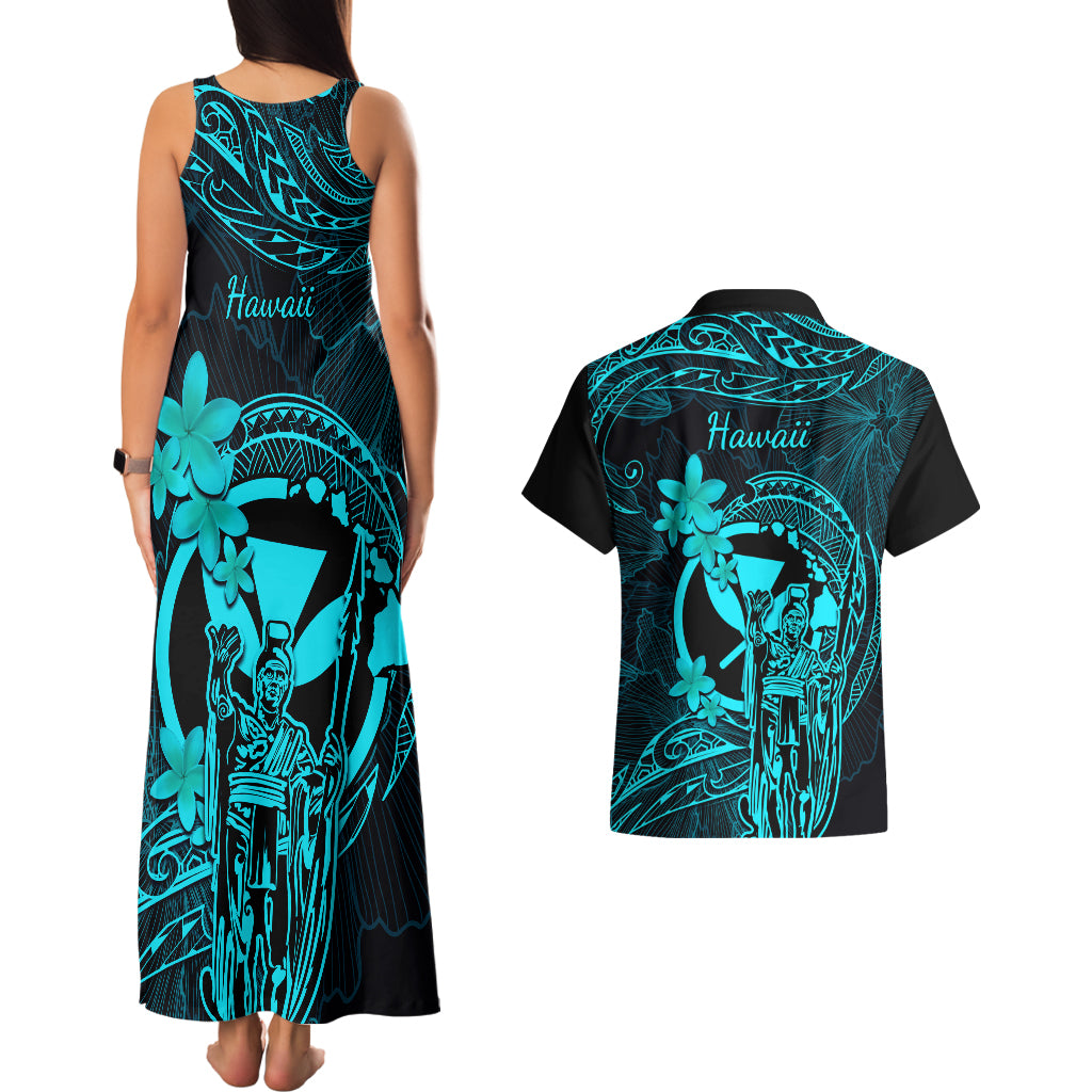 Hawaii Couples Matching Tank Maxi Dress and Hawaiian Shirt King Kamehameha Mix Polynesian Plumeria Turquoise Version - Wonder Print Shop