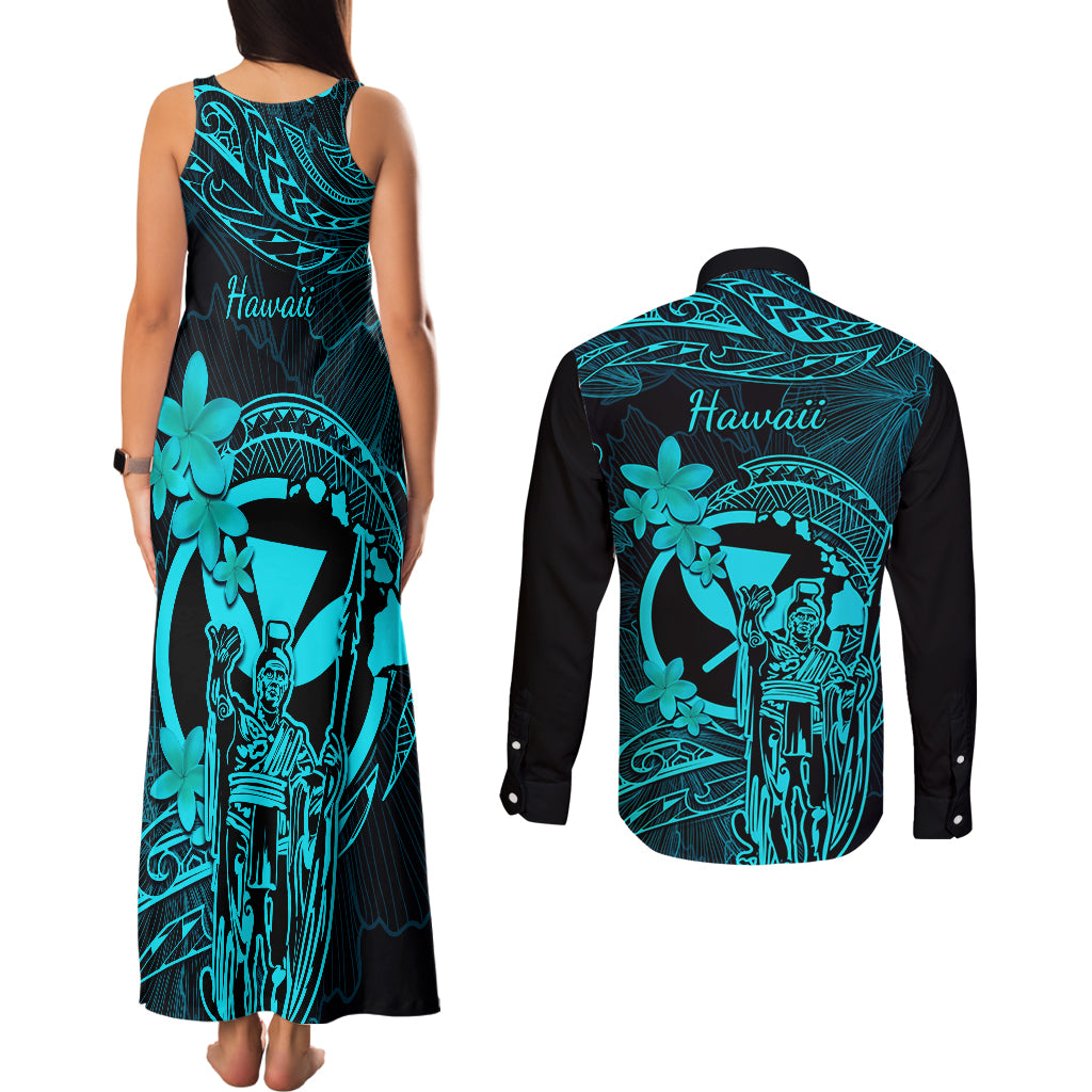 Hawaii Couples Matching Tank Maxi Dress and Long Sleeve Button Shirts King Kamehameha Mix Polynesian Plumeria Turquoise Version - Wonder Print Shop