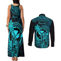 Hawaii Couples Matching Tank Maxi Dress and Long Sleeve Button Shirts King Kamehameha Mix Polynesian Plumeria Turquoise Version - Wonder Print Shop