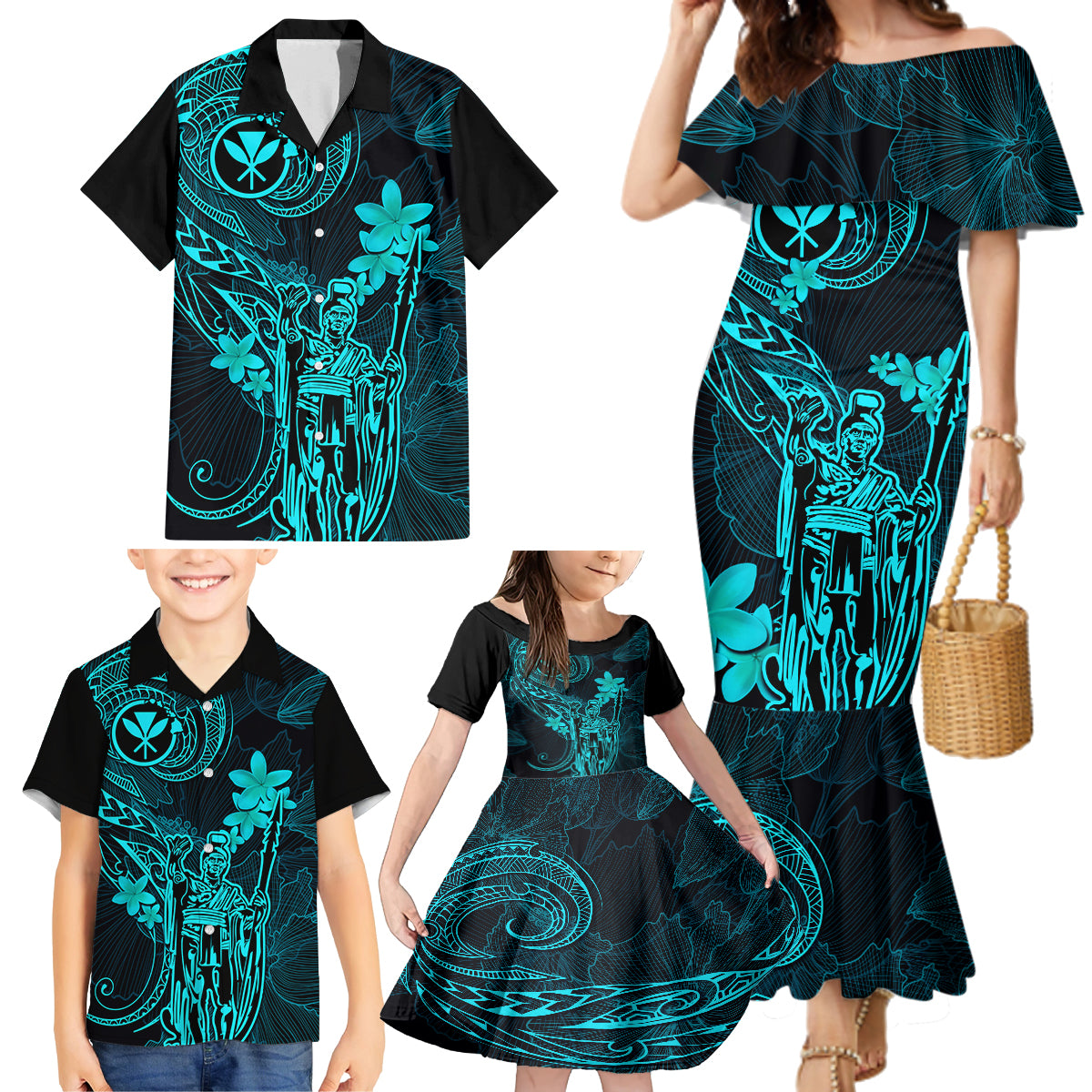 Hawaii Family Matching Mermaid Dress and Hawaiian Shirt King Kamehameha Mix Polynesian Plumeria Turquoise Version - Wonder Print Shop