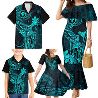 Hawaii Family Matching Mermaid Dress and Hawaiian Shirt King Kamehameha Mix Polynesian Plumeria Turquoise Version - Wonder Print Shop