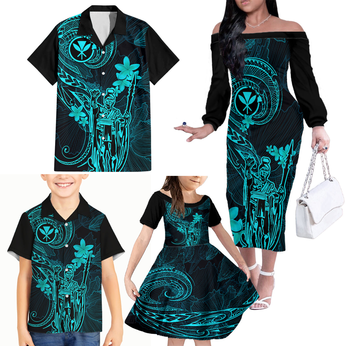 Hawaii Family Matching Off Shoulder Long Sleeve Dress and Hawaiian Shirt King Kamehameha Mix Polynesian Plumeria Turquoise Version - Wonder Print Shop