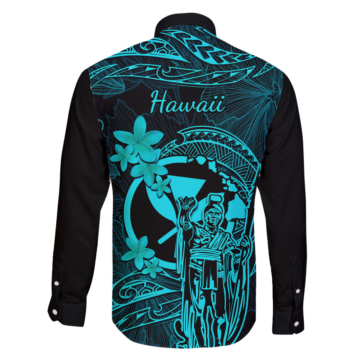 Hawaii Family Matching Off Shoulder Long Sleeve Dress and Hawaiian Shirt King Kamehameha Mix Polynesian Plumeria Turquoise Version - Wonder Print Shop