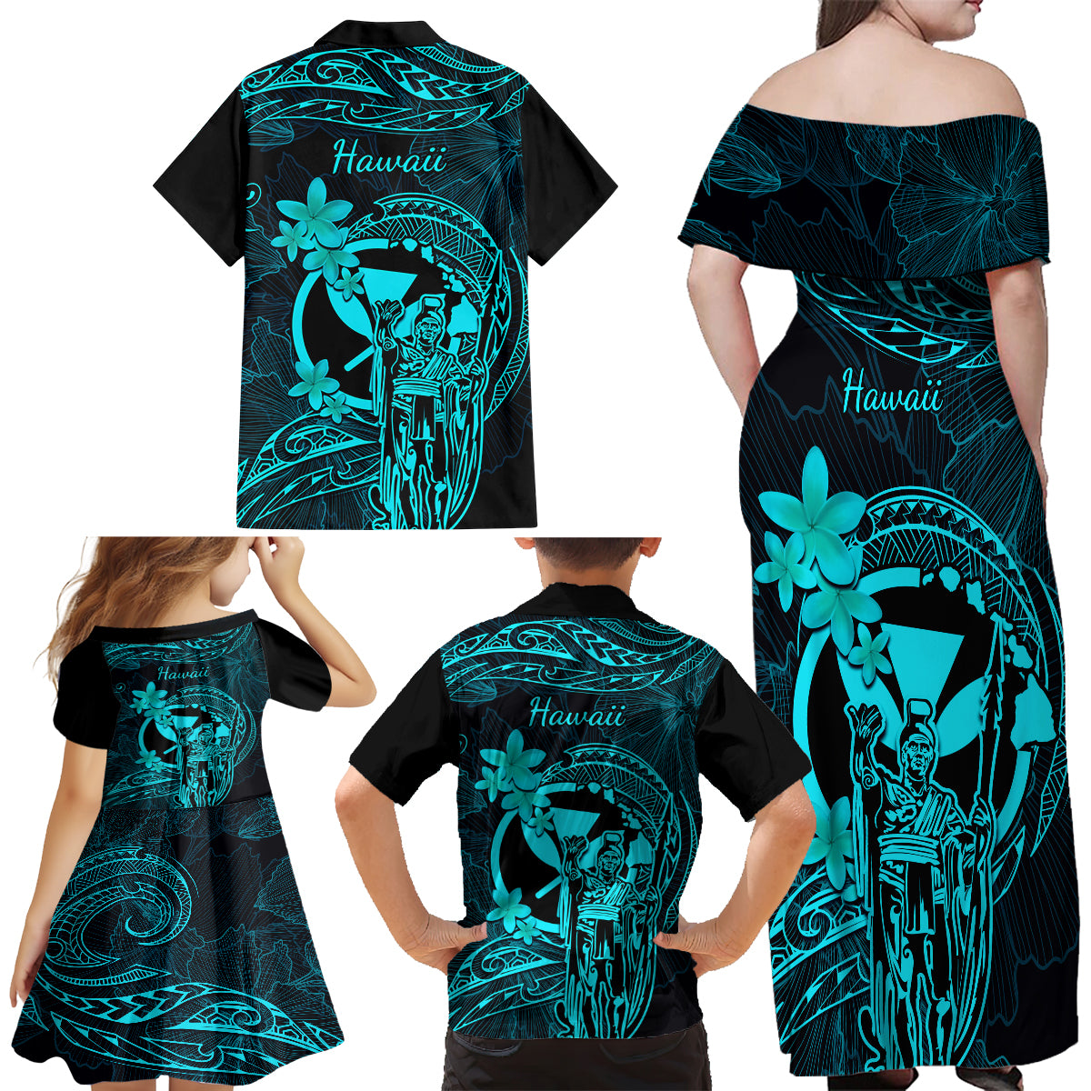 Hawaii Family Matching Off Shoulder Maxi Dress and Hawaiian Shirt King Kamehameha Mix Polynesian Plumeria Turquoise Version - Wonder Print Shop