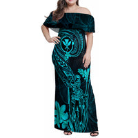 Hawaii Family Matching Off Shoulder Maxi Dress and Hawaiian Shirt King Kamehameha Mix Polynesian Plumeria Turquoise Version - Wonder Print Shop