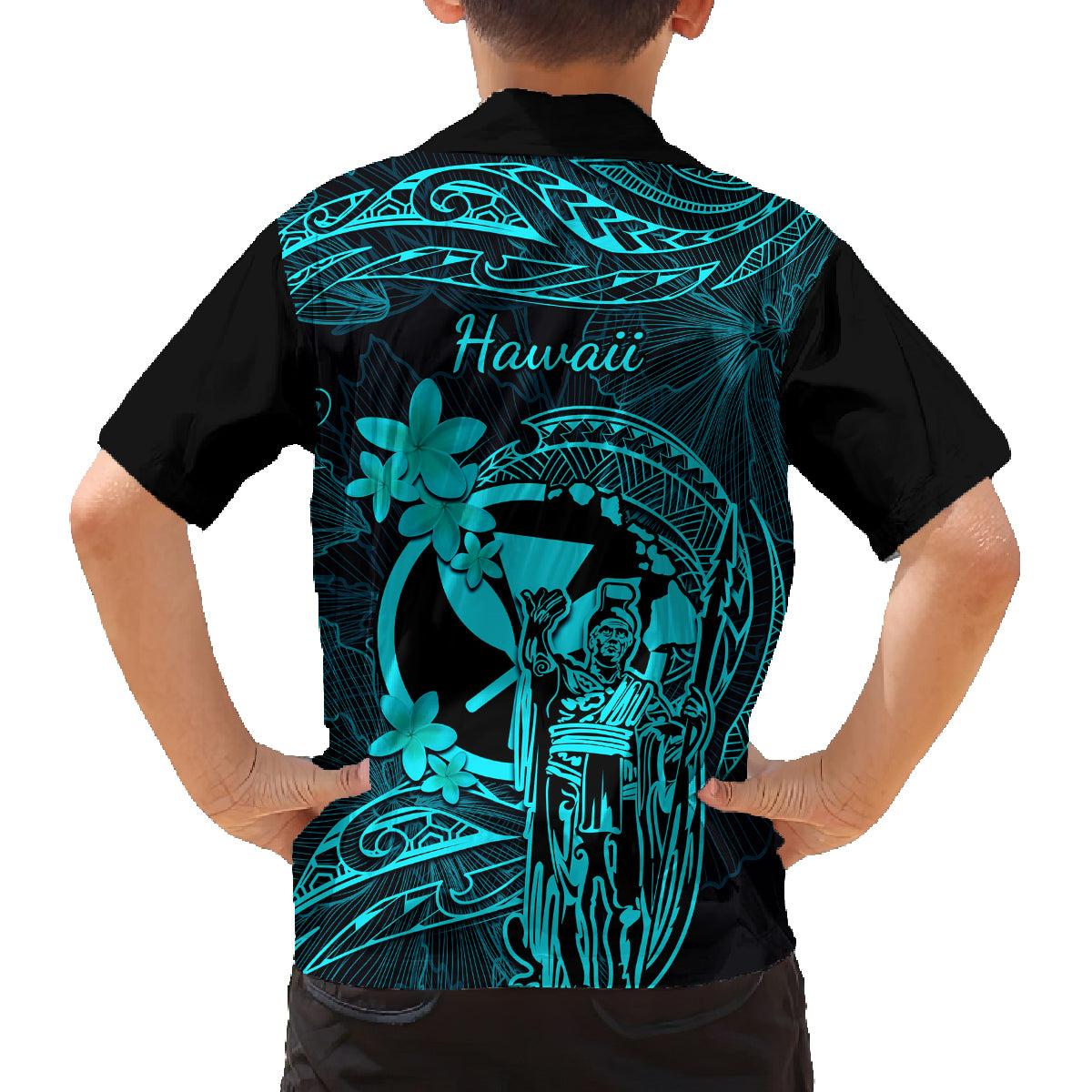 Hawaii Family Matching Off Shoulder Short Dress and Hawaiian Shirt King Kamehameha Mix Polynesian Plumeria Turquoise Version - Wonder Print Shop
