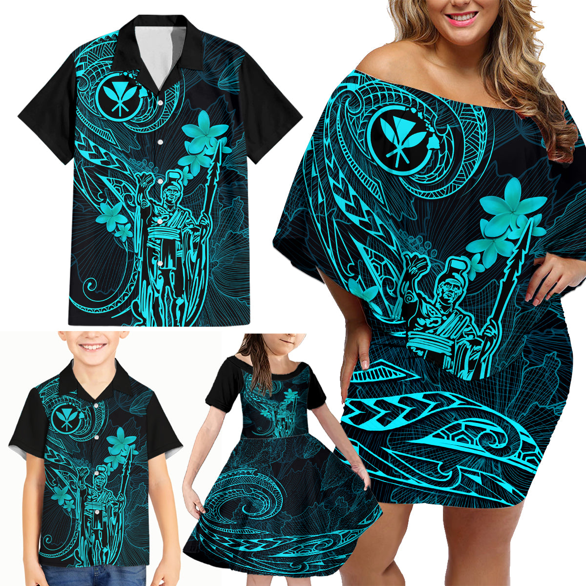 Hawaii Family Matching Off Shoulder Short Dress and Hawaiian Shirt King Kamehameha Mix Polynesian Plumeria Turquoise Version - Wonder Print Shop