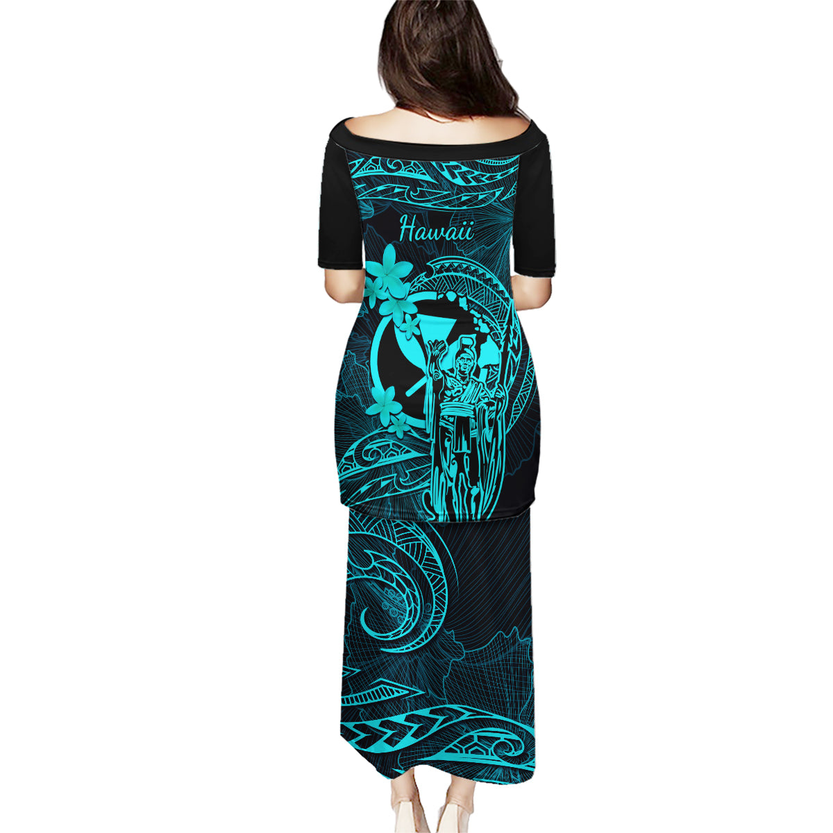 Hawaii Family Matching Puletasi Dress and Hawaiian Shirt King Kamehameha Mix Polynesian Plumeria Turquoise Version - Wonder Print Shop