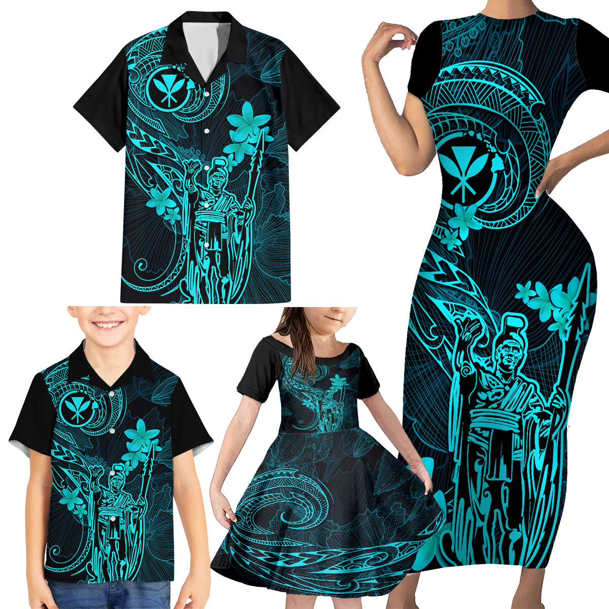 Hawaii Family Matching Short Sleeve Bodycon Dress and Hawaiian Shirt King Kamehameha Mix Polynesian Plumeria Turquoise Version - Wonder Print Shop