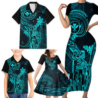 Hawaii Family Matching Short Sleeve Bodycon Dress and Hawaiian Shirt King Kamehameha Mix Polynesian Plumeria Turquoise Version - Wonder Print Shop