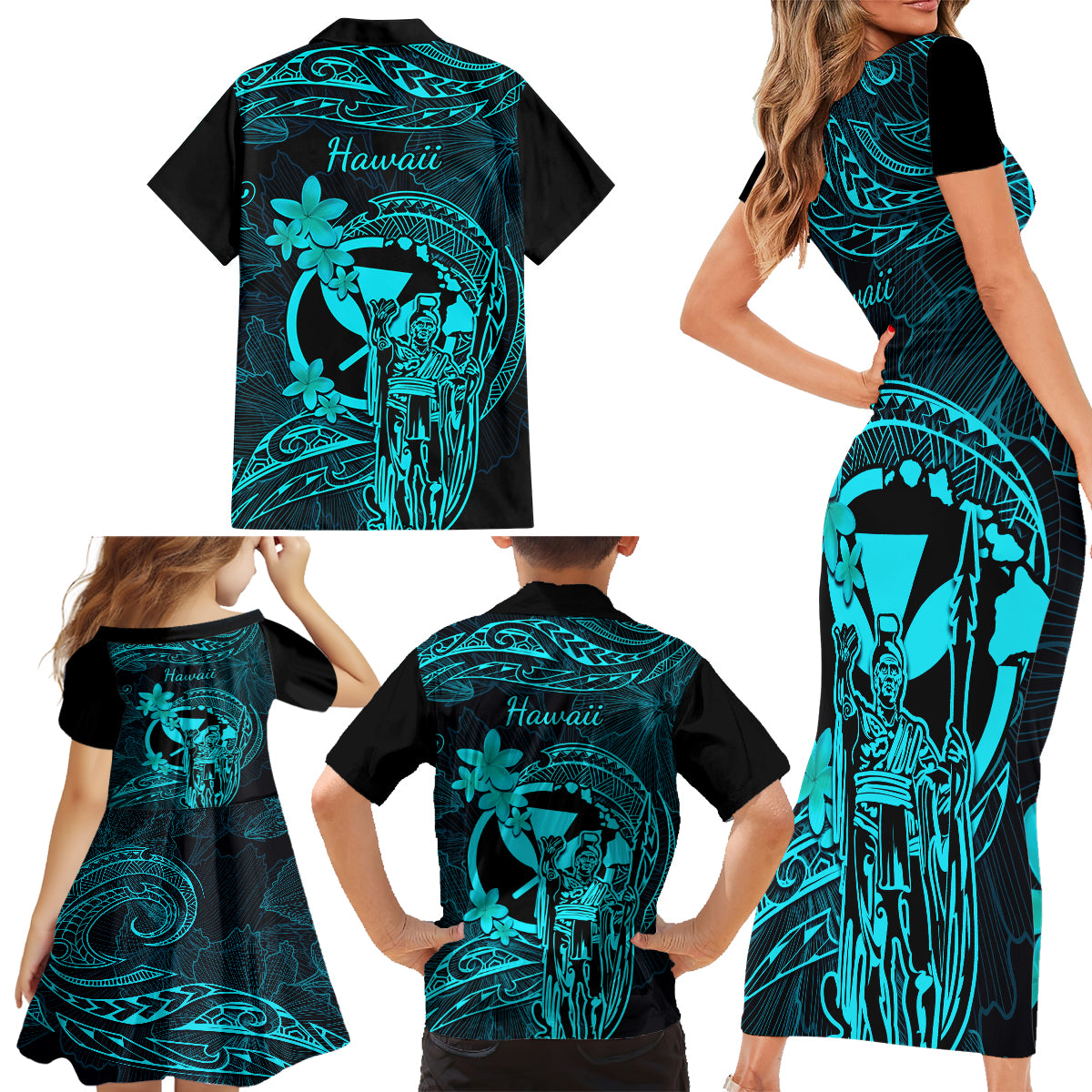 Hawaii Family Matching Short Sleeve Bodycon Dress and Hawaiian Shirt King Kamehameha Mix Polynesian Plumeria Turquoise Version - Wonder Print Shop